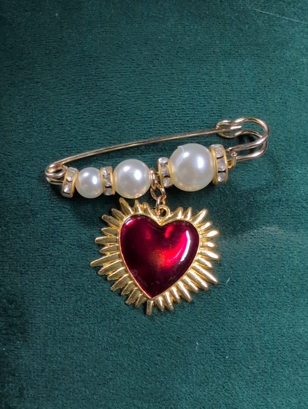 Gold-Tone Red Heart Pearl Drop Safety Pin Brooch